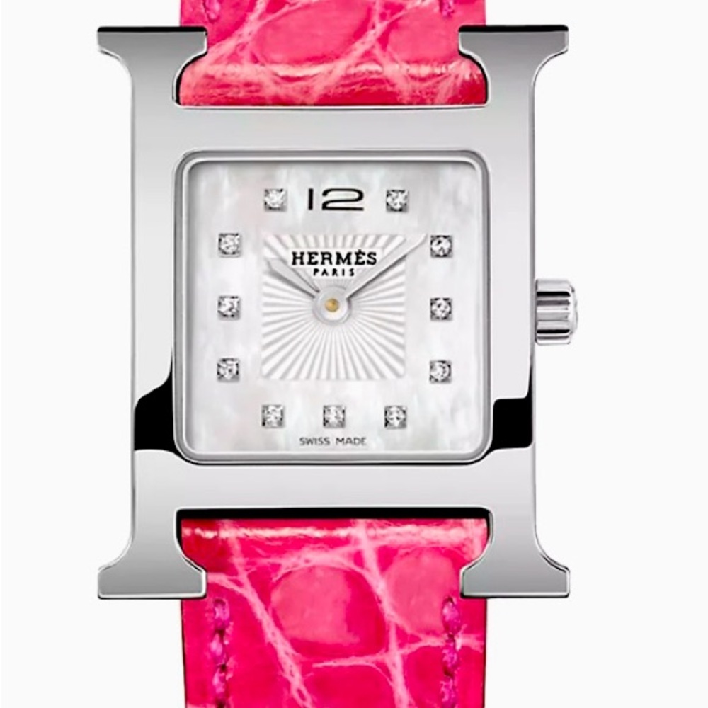Hermes Pink Alligator Skin, Mither Pearl Diamond Watch